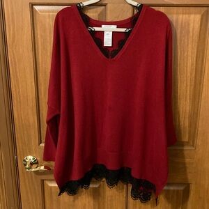 Chico's Red V-Neck Sweater with Black Lace Trim with slit up side.